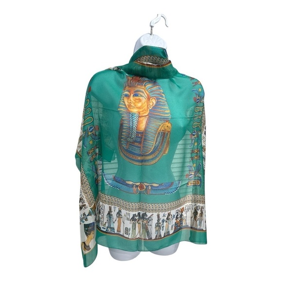 EGYPT Souvenir Silky Scarf Gorgeous Turquoise& Yellow Tutankhamun 34” Square - Picture 10 of 10